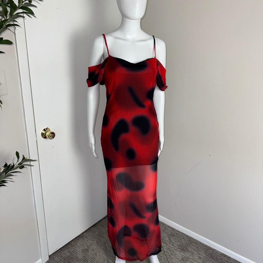 Micas Red‎ Sheer Maxi Dress Off Shoulder Party Cocktail Evening Size Large